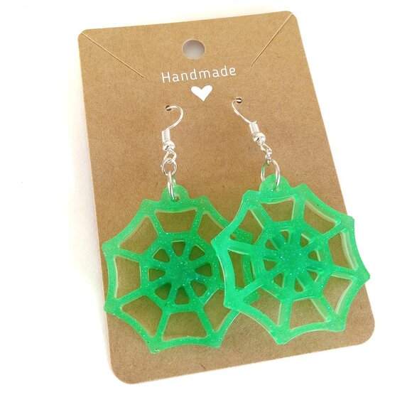 Neon green spider web glow in the dark Halloween dangle earrings new - Picture 1 of 6